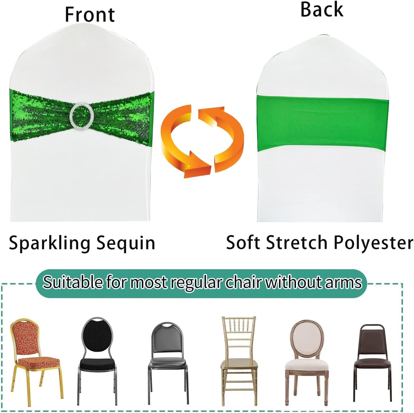 10 Pcs Chair Sashes Sequin Stretch Chair Bands Spandex Polyester Bows for Party Hotel Wedding Banquets Decoration - Green