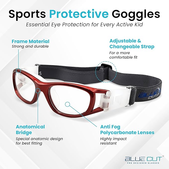 BLUE CUT Safety Basketball Goggles For Kids for Outdoor Sports Activities Anti Fog Replaceable to Prescription Lenses