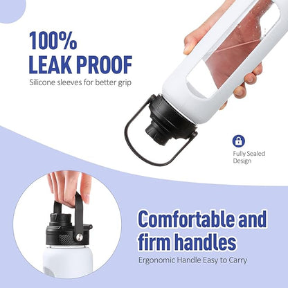 Kodrine Water Bottle with Straw, 24 oz Glass water Bottle with 2 Lids Bamboo Straw Lid and Spout Lid with Handle, 32 oz Clear Water Bottle Glass for Sports Travel, Waterbottle with Time Marker