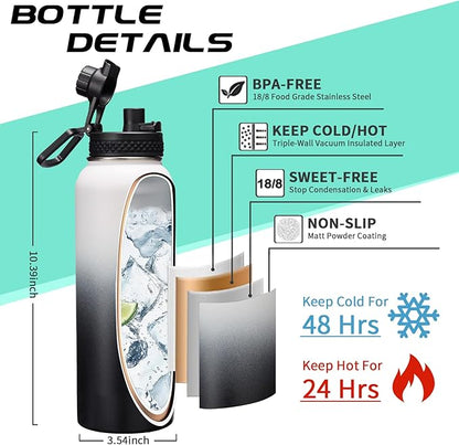 Stainless Steel Water Bottle 40oz with Straw & Auto Spout Lids, Paracord Handle, Insulated Water Flask Carrier Bag & Protective Boot, Thermo Bottle Mug Metal Canteen Keep Cold-48H & Hot-24H