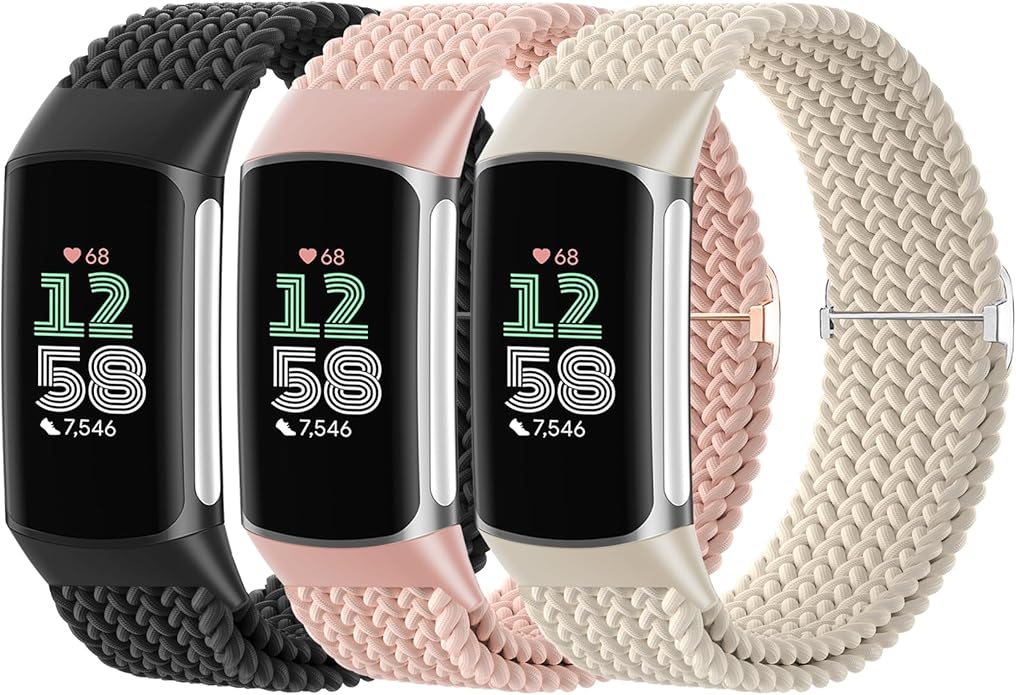 Braided Solo Loop Bands Compatible with Fitbit Charge 6/Charge 5, 3 Pack Adjustable Stretchy Wristbands Soft Woven Nylon Replacement for Fitbit Charge 5/Charge 6 Tracker Smart Watch for Women Men