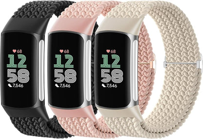 Braided Solo Loop Bands Compatible with Fitbit Charge 6/Charge 5, 3 Pack Adjustable Stretchy Wristbands Soft Woven Nylon Replacement for Fitbit Charge 5/Charge 6 Tracker Smart Watch for Women Men