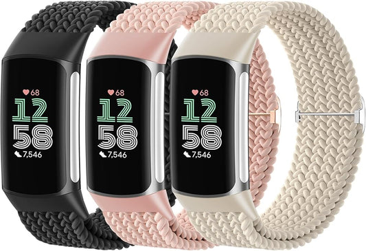 Braided Solo Loop Bands Compatible with Fitbit Charge 6/Charge 5, 3 Pack Adjustable Stretchy Wristbands Soft Woven Nylon Replacement for Fitbit Charge 5/Charge 6 Tracker Smart Watch for Women Men