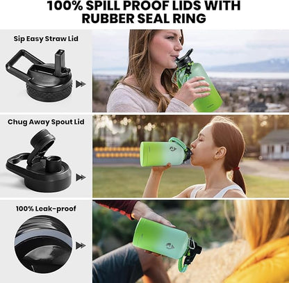 Insulated Water Bottle 64 oz, Triple Wall Vacuum Stainless Steel (Cold for 48 Hrs), Leak Proof & Non-BPA, Half Gallon Water Flask Jug with Paracord Handle & Straw Spout Lids