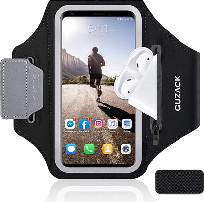 GUZACK Phone Holder for Running with Zipper Pouch, Running Armband for iPhone 16 Pro/15/14/13/12/11 Pro Max/Plus/XR/XS, Galaxy S25/S24/S23/S22, Cell Phone Arm Holder with Key Pocket & Card Slot