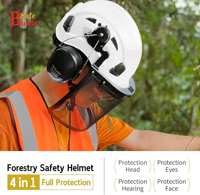 Forestry Safety Helmet with Build-in Visor Mesh Face Shield Ear Muffs 4 in 1 Chainsaw Safety Hard Hats