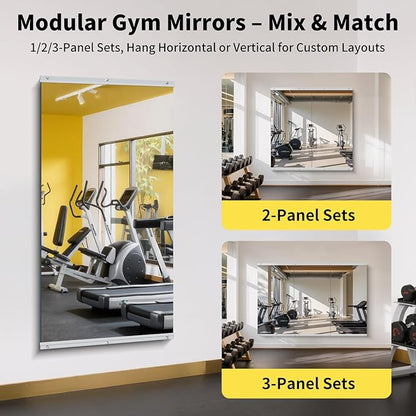 Home Gym Mirror - 55x28 Inch, 3PCS Frameless Tempered Glass Full Body Mirror for Wall Mount - Ideal for Yoga, Workout, Bedroom, Dance Studio (Silver)