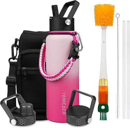 Insulated Water Bottle 64oz,Triple Wall Vacuum Stainless Steel(Dishwasher Safe),Leak Proof & Non-BPA,Flask Jug with Paracord Handle & Straw Spout Lids Sports