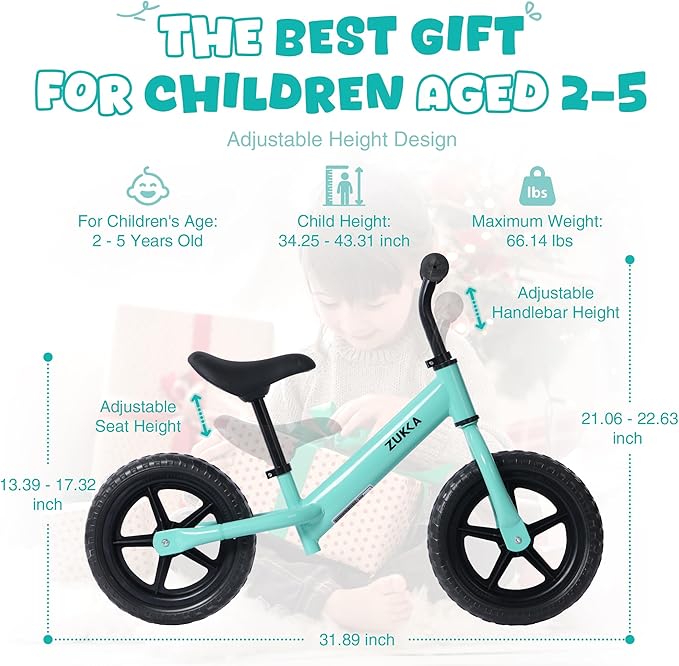 12 inch Toddler Balance Bike Adjustable Handlebar & Seat Anti-Slip Grip Suitable for 2-5 Years Old with Footrest Lightweight for Tolddlers Boys Girls Multiple Colors to Choose