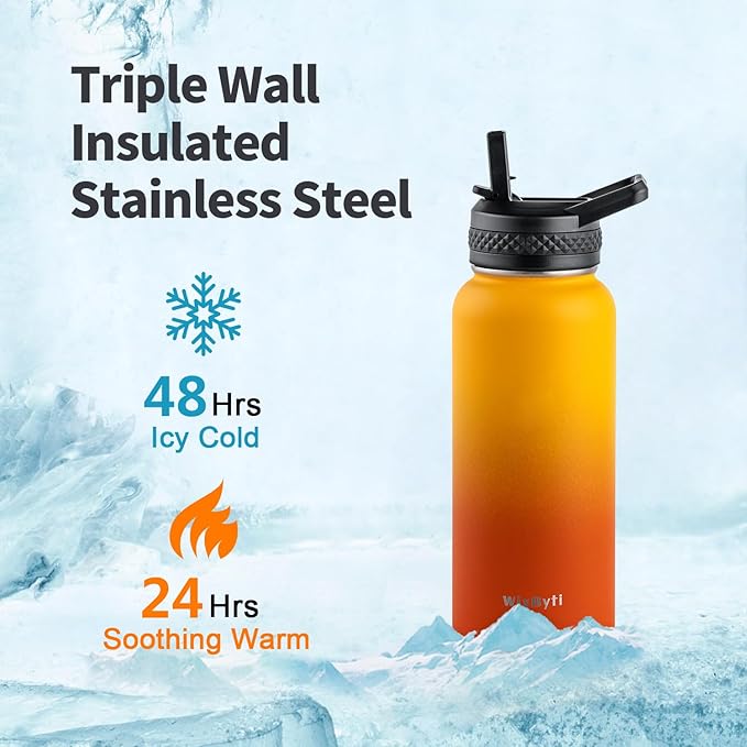 32 oz Insulated Water Bottle with Straw (Cold for 48 Hrs), Stainless Steel Triple Wall Vacuum Sports Water Jug, Leakproof Hydro Cup Flask with Paracord Handle & Straw Spout Lids & DIY Stickers