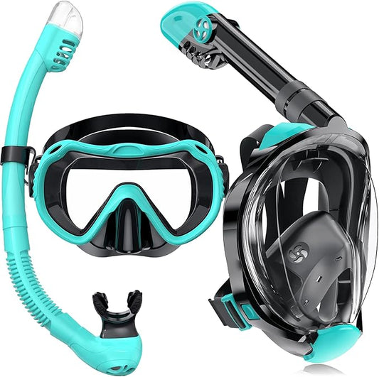 Full Face Snorkel Mask, Snorkeling Gear for Adults Men and Women, 180 Degrees Panoramic View Snorkel Set Anti-Fog Anti-Leak, Dry Top System and Travel Bag for Swimming, Snorkeling