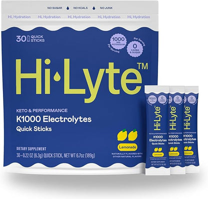 Hi-Lyte Keto & Performance - K1000 Electrolyte Quick Sticks - Lemonade - 1000mg Potassium, Magnesium, Calcium - Single-Serve Packets for Keto Hydration Support - No Sugar, No Carbs