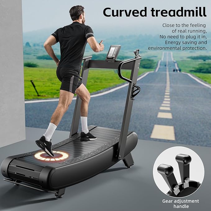 Exercise Treadmills，Manual Curved Treadmill ，Foldable， Non-Electric， Walking/Running Machine with LCD for Home & Office ，Black
