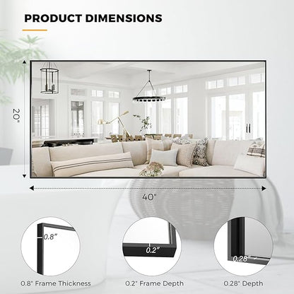 20x40 Inch Black Bathroom Mirror for Wall, Aluminum Frame Rectangle Rectangular Vanity Mirror, Modern Large for Bedroom, Living Room, Horizontal or Vertical