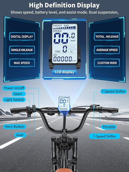 Electric Bicycle for Adults - 20”x 4”Fat Tire, Peak 1000W Motor, 7 Speed Electric Motorcycle Bicycle, 48V/18.2AH Detachable Battery Long Seat Electric Bike,Up to 28MPH/30-60Miles Electric Dirt Bike