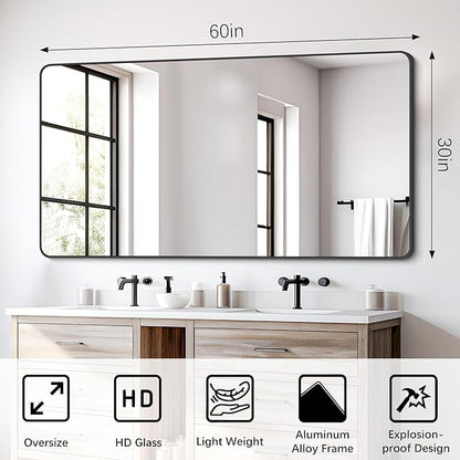 FORBATH Bathroom Mirror 30" X 60"，Large Rectangular Wall Mirror, Black Metal Framed Rounded Corner Wall Mounted Mirror for Bathroom Bedroom Entryway Decor(Horizontal/Vertical)