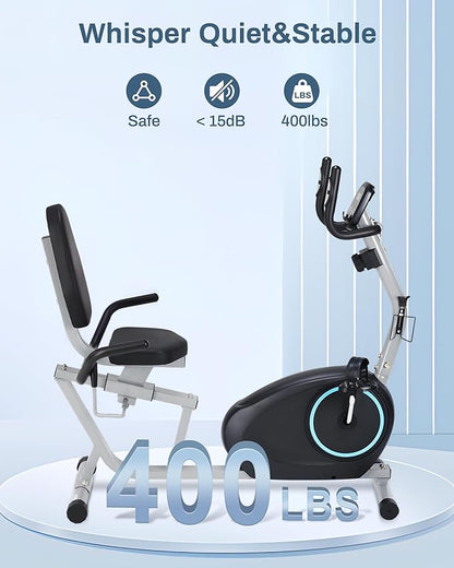 Recumbent Exercise Bike for Seniors - Quick Adjust Seat, Magnetic Recumbent Bike with Quiet 16-Level Resistance, 400LB Weight Capacity, Backlit LCD Monitor, Heart Rate Handle