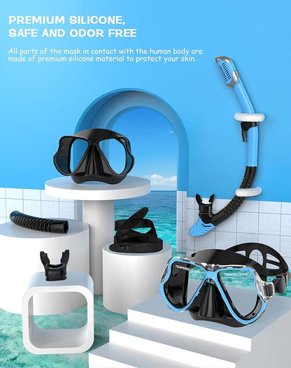 Greatever Dry Snorkel Set,Panoramic Wide View,Anti-Fog Scuba Diving Mask,Professional Snorkeling Gear