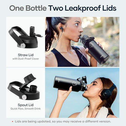 BUZIO Stainless Steel Water Bottle (Cold for 48 Hrs, Hot for 24 Hrs), 32 oz Vacuum Insulated Water Bottle with Straw Lid and Flex Cap (Double Wall, Wide Mouth, BPA Free, Leak Proof), Black