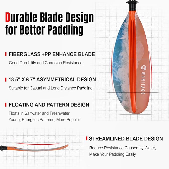 Kayak Paddles with Fiberglass Shaft and Reinforced PP Blade, Floating Adjustable Kayaking Oars, 3 Piece, 220-240 cm/86-94 Inches, 240-260 cm/94-102 Inches