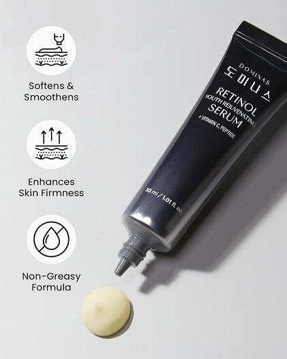 Korean DOMINAS Retinol Serum for Face (1fl oz) – Youth Rejuvenating Face Ampoule for Improving Fine Lines & Reducing Pigmentation, Skin Care for Day & Night Use. Vitamin C, Niacinamide, Peptide