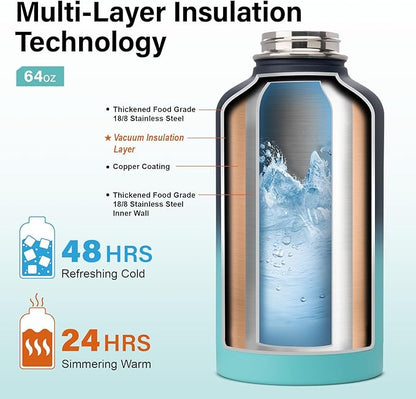 Insulated Water Bottle | Thickened Stainless Steel Vacuum Metal | Portable Sports Half Gallon Large Water Jug for Gym and Hiking with Straw, Carrier Bag, Handle Strap | BPA-Free 64 oz