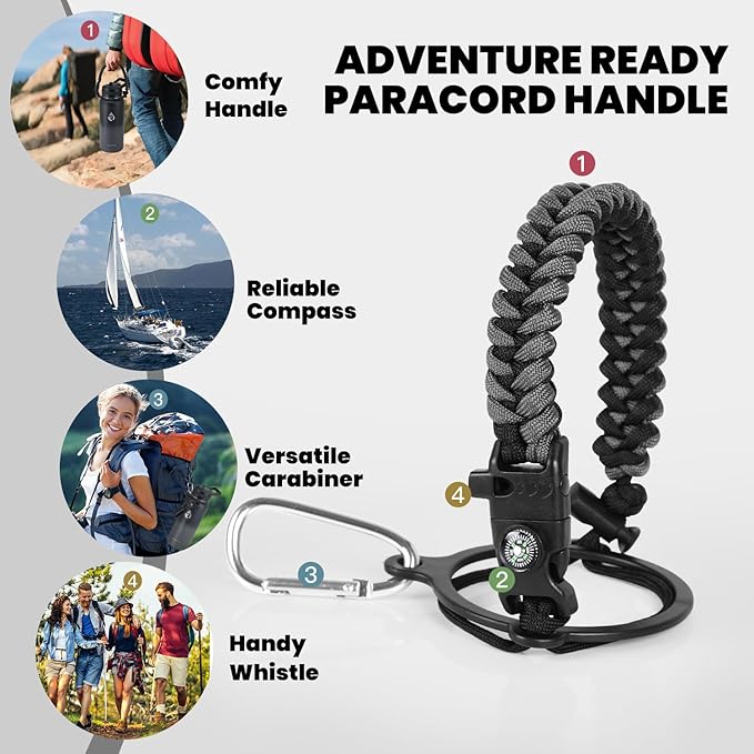 Insulated Water Bottle 32 oz, Triple Wall Vacuum Stainless Steel (Cold for 48 Hrs), Leak Proof & Non-BPA, Modern Water Flask Jug with Paracord Handle & Straw Spout Lids, Dark Grey