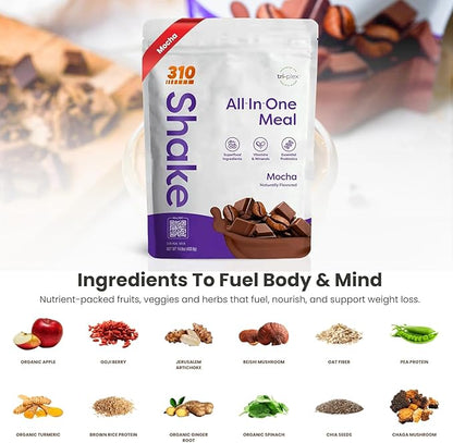 310 Nutrition All-In-One Meal Replacement Shake Powder - Plant-Based Protein Smoothie Blend w/High Fiber, Probiotics & Adaptogens - Low Carb, Vegan, Keto & Paleo Friendly - Mocha - 28 Srv