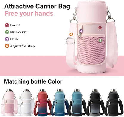 Insulated Water Bottle | Thickened Stainless Steel Vacuum Metal | Portable Sports Water Jug for Gym and Hiking with Straw, Carrier Bag, Handle Strap | BPA-Free 40 oz, Pink
