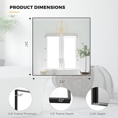 24x24 Inch Black Bathroom Mirror for Wall, Aluminum Frame Rectangle Rectangular Vanity Mirror, Modern Large for Bedroom, Living Room, Horizontal or Vertical