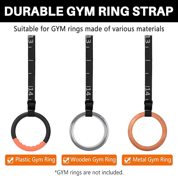 Teamaze Gymnastics Rings Straps with 15 FT Adjustable Number Buckle for Pull-Up Bar Workout Exercise Gym Hanging Rings Indoor (One Pair Strap Only)