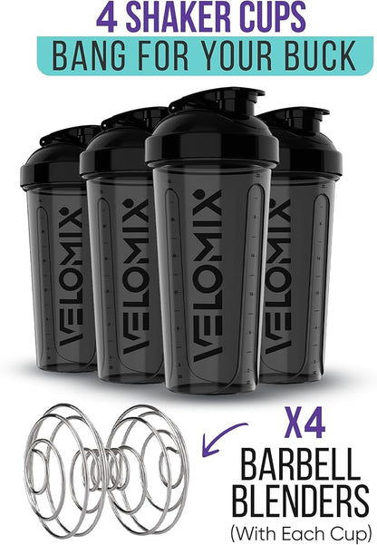 '-4 PACK- 28 oz Protein Shaker Bottle for Protein Mixes - 4x Wire Whisk | Leak Proof Shaker Cups for Protein Shakes | Protein Shaker Bottle Pack | Protein Shake Cup(All in Black)