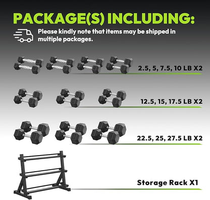 Hex Dumbbell Sets with Rack, 290-670 lb Rubber Encased Exercise & Fitness Dumbbells Set, Hand Weight for Strength Training, Weight Dumbbells