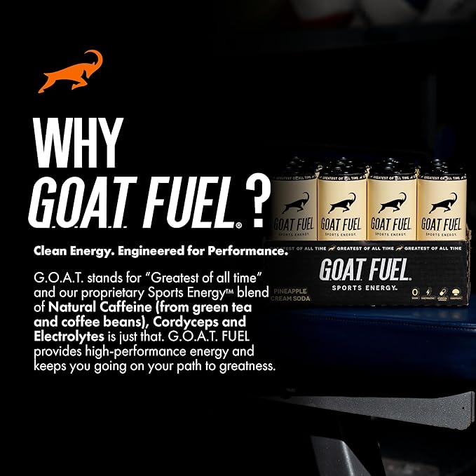 G.O.A.T. Fuel Energy Drink, Co-Founded by Jerry Rice, Natural Caffeine, Electrolytes, BCAAs, Cordyceps Mushrooms & Antioxidants, Light Carbonation Pre Workout, 12 Pack, 12 FL Oz, Pineapple Cream Soda
