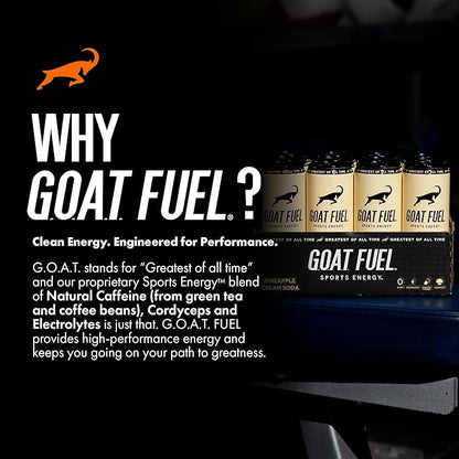 G.O.A.T. Fuel Energy Drink, Co-Founded by Jerry Rice, Natural Caffeine, Electrolytes, BCAAs, Cordyceps Mushrooms & Antioxidants, Light Carbonation Pre Workout, 12 Pack, 12 FL Oz, Pineapple Cream Soda