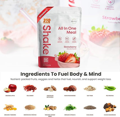 310 Nutrition All-In-One Meal Replacement Shake Powder - Plant-Based Protein Smoothie Blend w/High Fiber, Probiotics & Adaptogens - Low Carb, Vegan, Keto & Paleo Friendly - Strawberry - 14 Srv