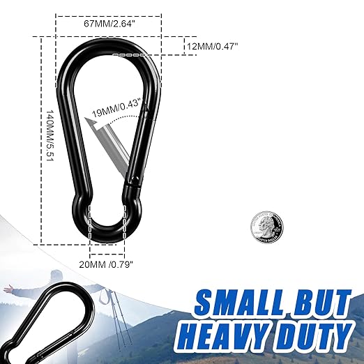 KINLINK 2 Pack Black Carabiner Clip, 5.5 inch Heavy Duty Spring Snap Hook, Large Caribeener Clips for Camping, Swing Set, Hammock, Hiking, Travel, Weight Lifting Machine, Home Gym Equipment