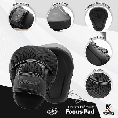 Kruzak Matte Black Boxing Gloves and Pads, Boxing Gloves Training Set for Kickboxing and Muay Thai MMA Training - Boxing Kit for Adults with Punching Pads for Martial Arts and Karate