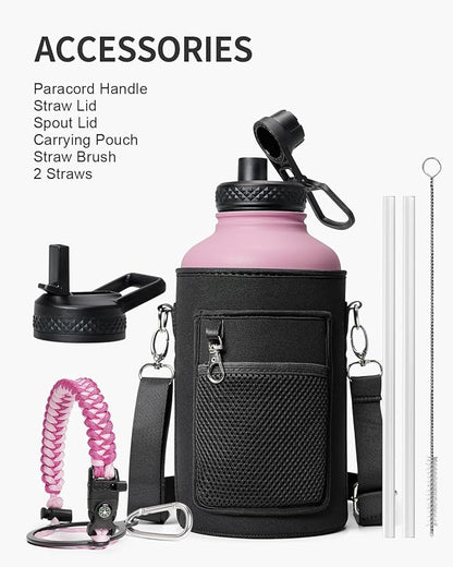 Half Gallon Water Bottle,64oz Insulated Water Bottle Stainless Steel Vacuum,Cold for 48 Hrs,BPA-Free & Leakproof -with Paracord Handle,Strap,Straw Spout Lids,Big Flask Jug for Gym Sports,Pink