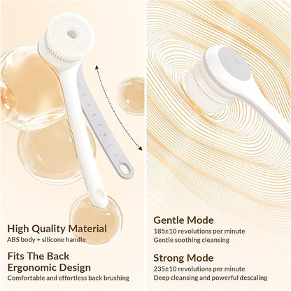 Electric Body Brush Back Scrubber for Shower, Waterproof Long Dual Handle Power Body Scrubber with 3 Heads, Rechargeable Bath Brush & 2 Speeds, for Cleansing, Exfoliating and Massaging Skin