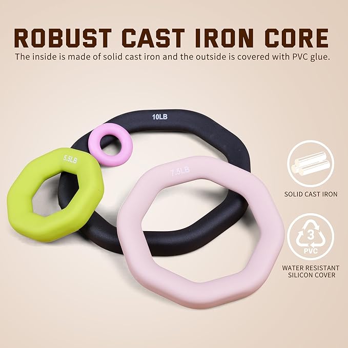 Leikefitness Weight Ring 2-in-1 Kettlebell & Dumbbell, cast Iron+PVC Coating, Yoga Exercise, Aerobics, Core Training, 4 in a Set (0.33LB + 5.5LB + 7.5LB + 10LB)