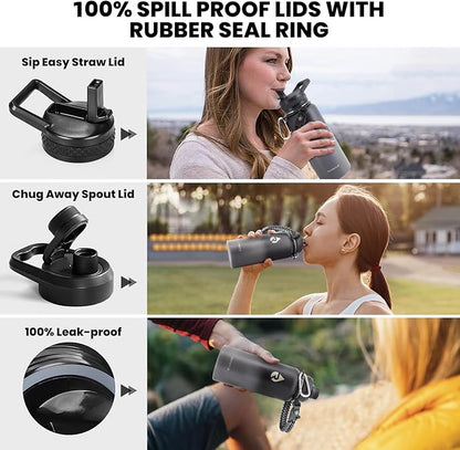 Insulated Water Bottle 32 oz, Triple Wall Vacuum Stainless Steel (Cold for 48 Hrs), Leak Proof & Non-BPA, Modern Water Flask Jug with Paracord Handle & Straw Spout Lids, Dark Grey