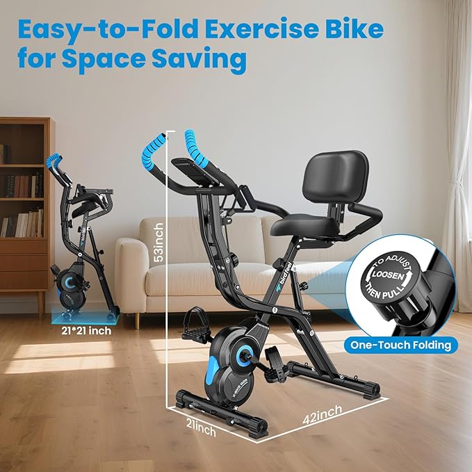 Foldable Exercise Bike, Multifunctional Indoor Stationary Bikes for Home with 8-Level Magnetic Resistance, Quiet Workout Bike with Arm Resistance Bands, LCD Monitor, 300LBS Capacity