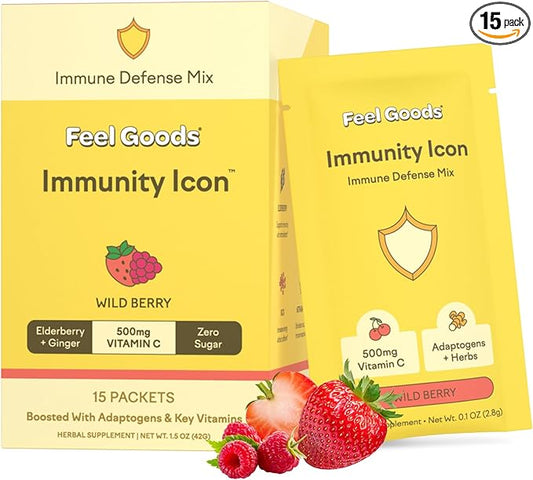 Feel Goods Immunity Icon, Zero Sugar, Vitamin C, A, B, D, E & Zinc, Organic Elderberry, Ashwagandha, Drink Mix Powder, Vegan, Non GMO, Caffeine & Gluten Free | Wild Berry, 15 Count