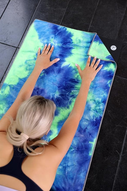 Eunzel Yoga Towel,Hot Yoga Mat Towel with Grip Dots Sweat Absorbent Non-Slip for Hot Yoga, Pilates and Workout 24" x72", Green & Blue
