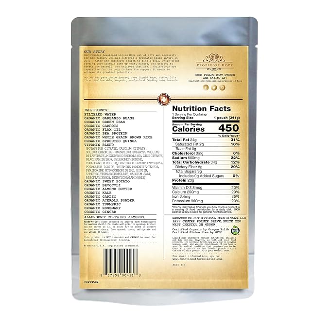 Functional Formularies Liquid Hope Organic Tube Feeding Formula And Nutritional Meal Replacement Supplement, 12 Oz Pouch, Pack of 24