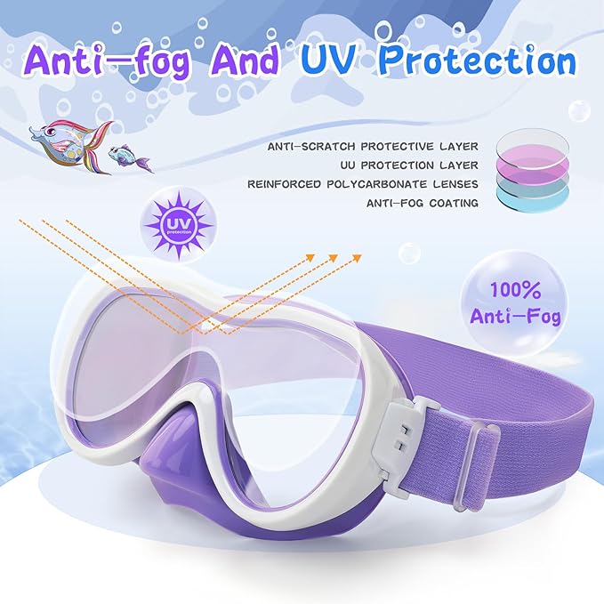 Kids Swim Goggles 180° Snorkel Diving Mask with Nose Cover, Anti-Fog Kids Swimming Goggles with Elastic Fabric Strap for Kids Boys Girls