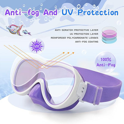 Kids Swim Goggles 180° Snorkel Diving Mask with Nose Cover, Anti-Fog Kids Swimming Goggles with Elastic Fabric Strap for Kids Boys Girls