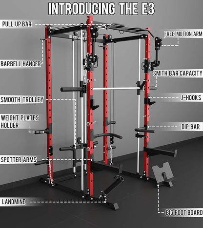 Eonfit E3 Smith Machine with 360°Rotating Arm for Home Gym Equipment, Multi-Function Power Cage Squat Rack with Cable Crossover LAT Pulldown Pulley System All in One