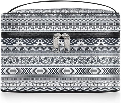 Large Makeup Bag Travel Cosmetic Bags for Women Grey Vintage Boho Geometric Chevron Aztec Makeup Organizer Case Toiletry Bag for Girls Traveling Wide Open Portable Pouch with Handle